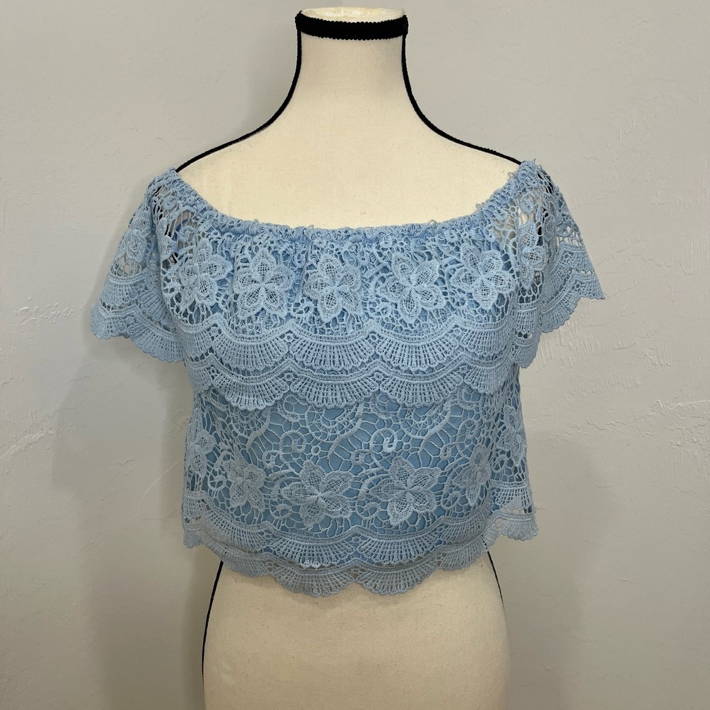 Banjul Light Blue Lace Off-Shoulder Blouse Size L